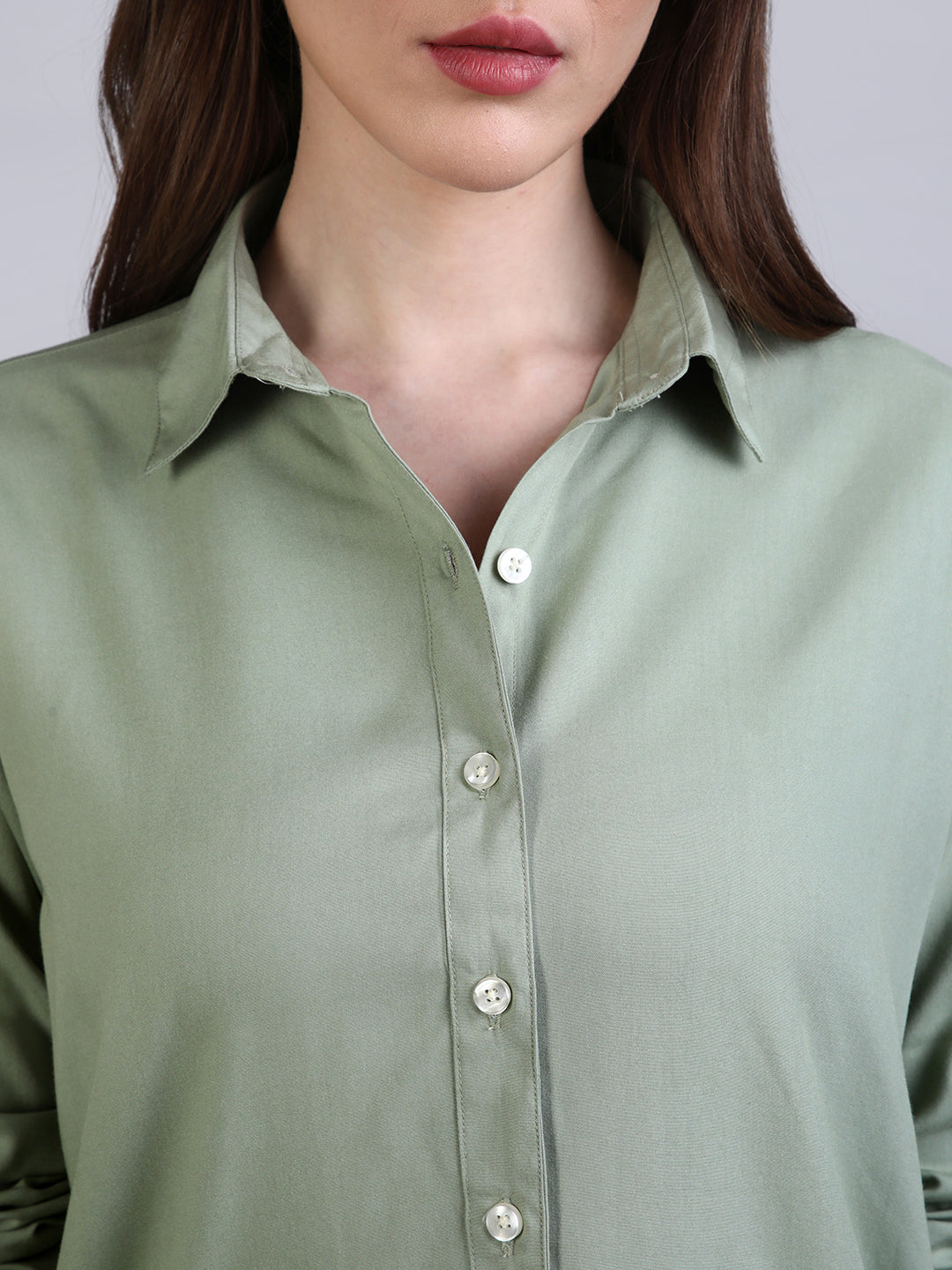 Women's Dusty Green Modal Viscose Full Sleeve Regular Fit Casual Solid Shirt with Regular Collar