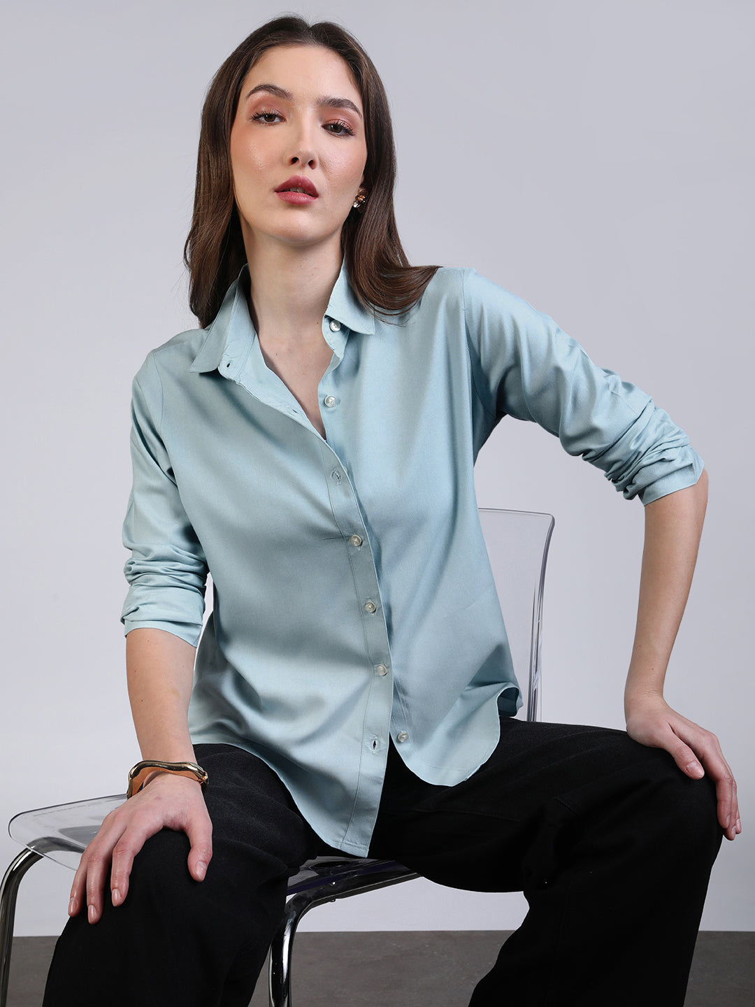Women's Light Sky Blue Modal Viscose Full Sleeve Regular Fit Casual Solid Shirt with Regular Collar
