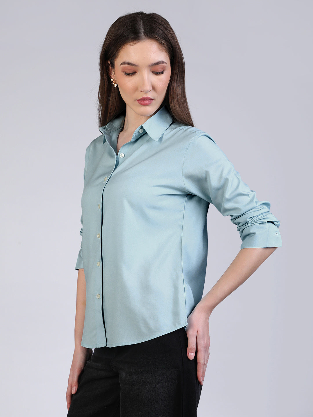 Women's Light Sky Blue Modal Viscose Full Sleeve Regular Fit Casual Solid Shirt with Regular Collar