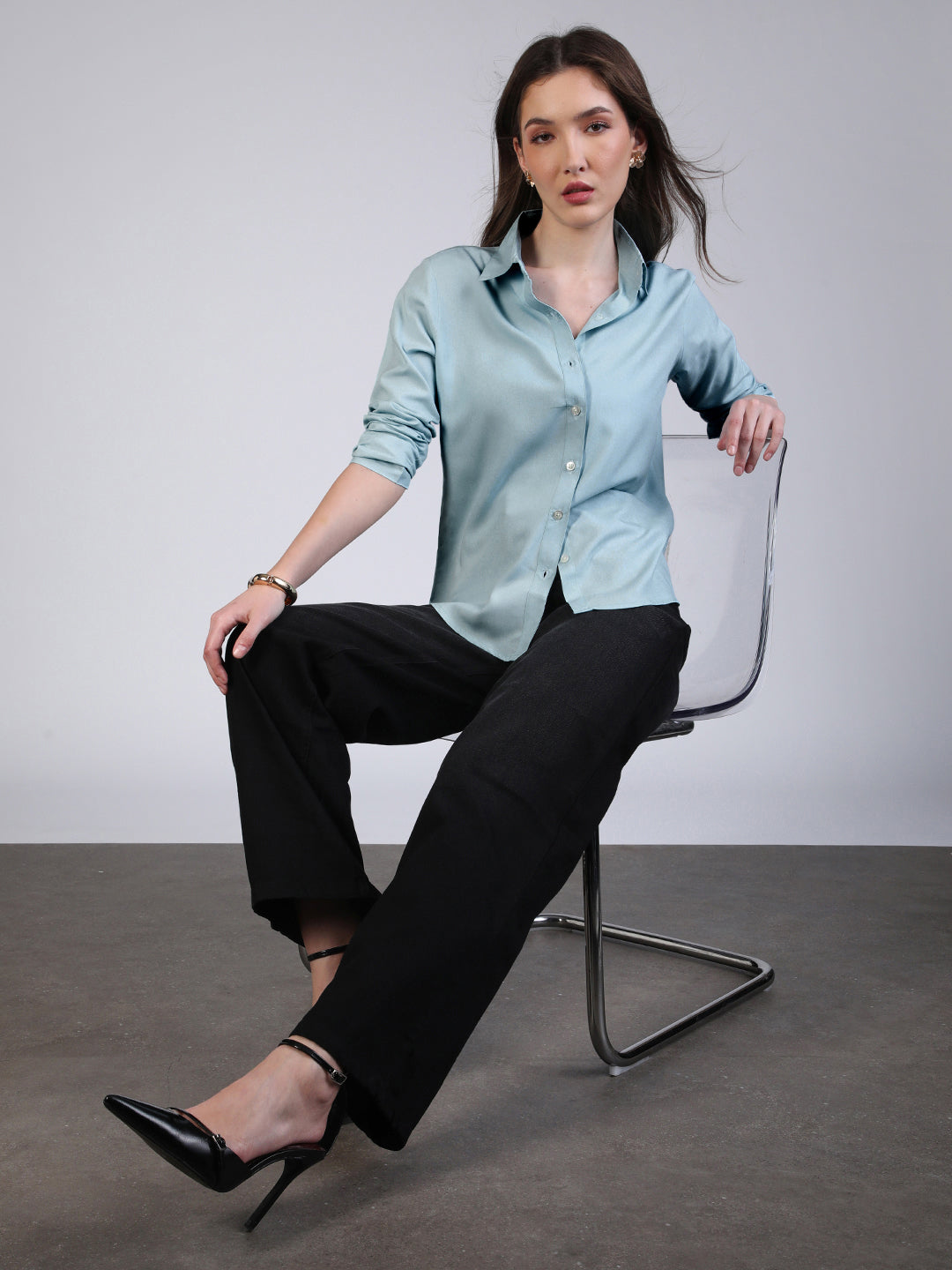 Women's Light Sky Blue Modal Viscose Full Sleeve Regular Fit Casual Solid Shirt with Regular Collar