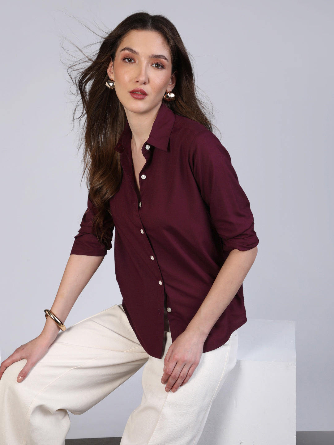 Women's Maroon Modal Viscose Full Sleeve Regular Fit Casual Solid Shirt with Regular Collar