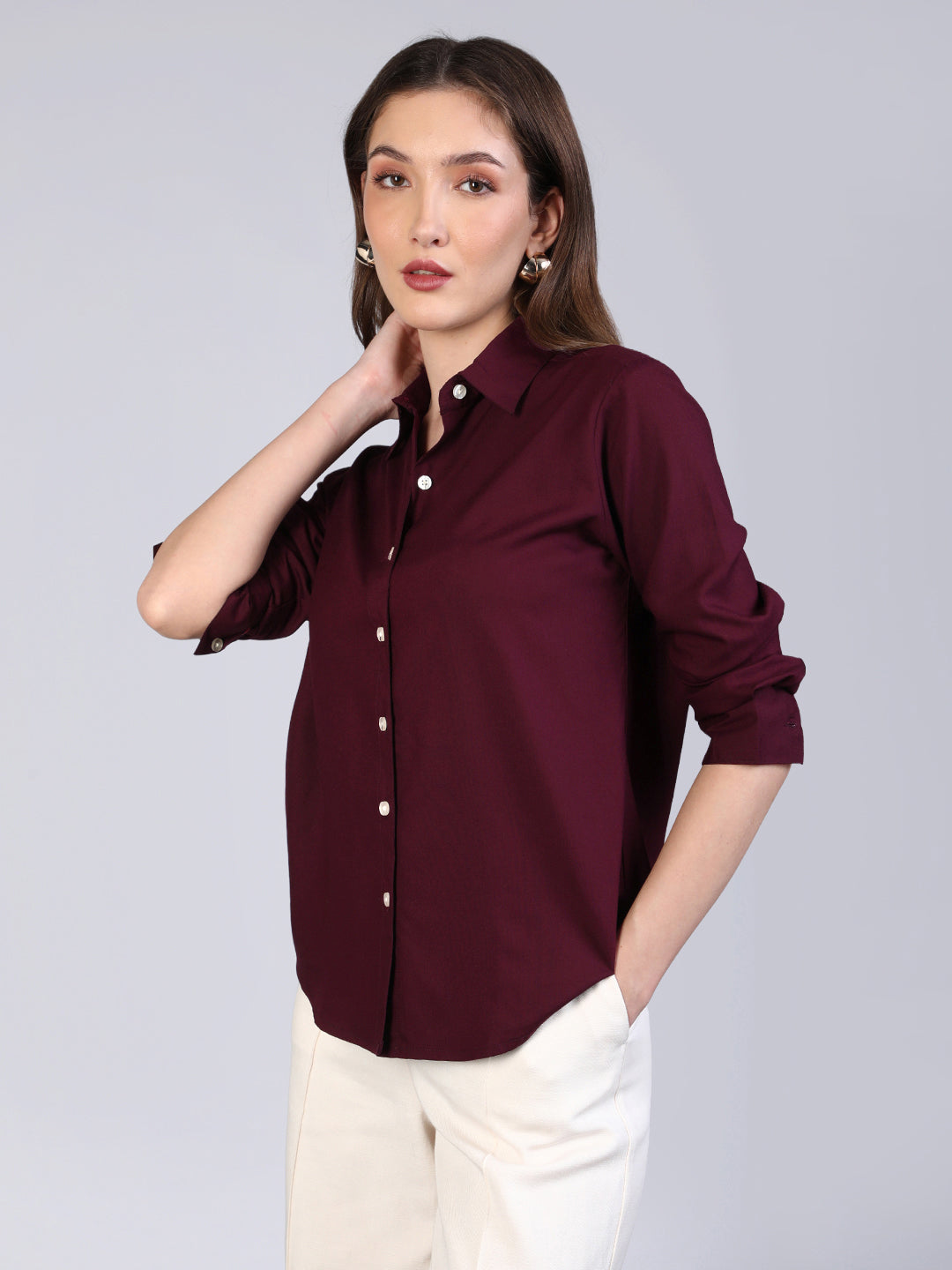 Women's Maroon Modal Viscose Full Sleeve Regular Fit Casual Solid Shirt with Regular Collar