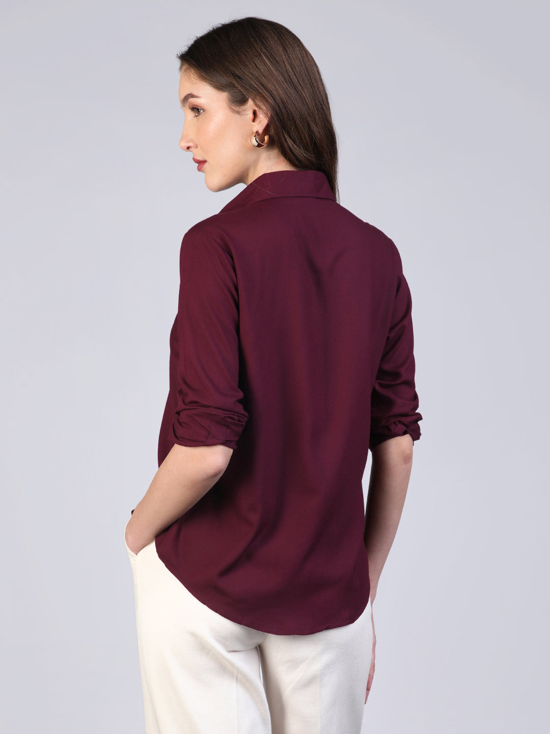 Women's Maroon Modal Viscose Full Sleeve Regular Fit Casual Solid Shirt with Regular Collar