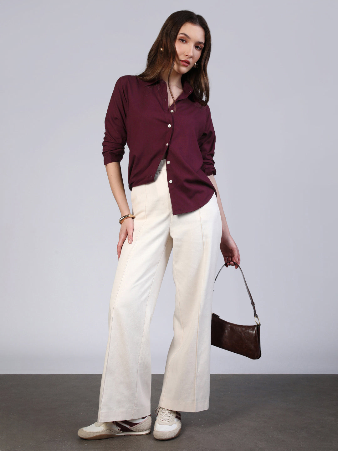 Women's Maroon Modal Viscose Full Sleeve Regular Fit Casual Solid Shirt with Regular Collar