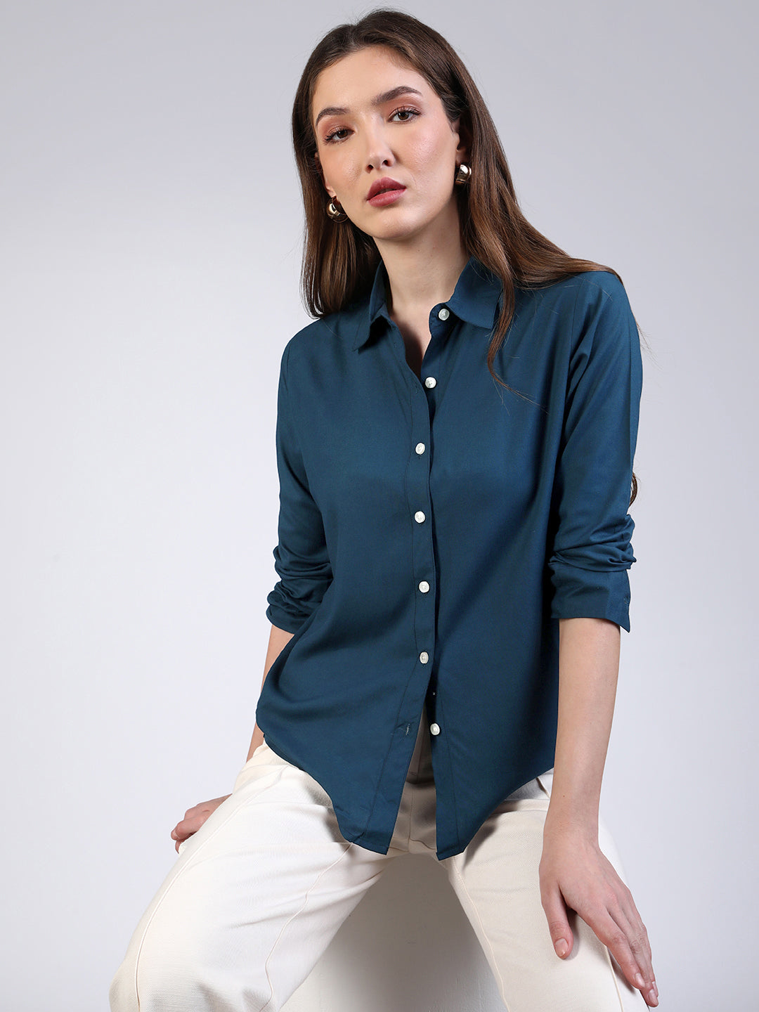 Women's Midnight Blue Modal Viscose Full Sleeve Regular Fit Casual Solid Shirt with Regular Collar