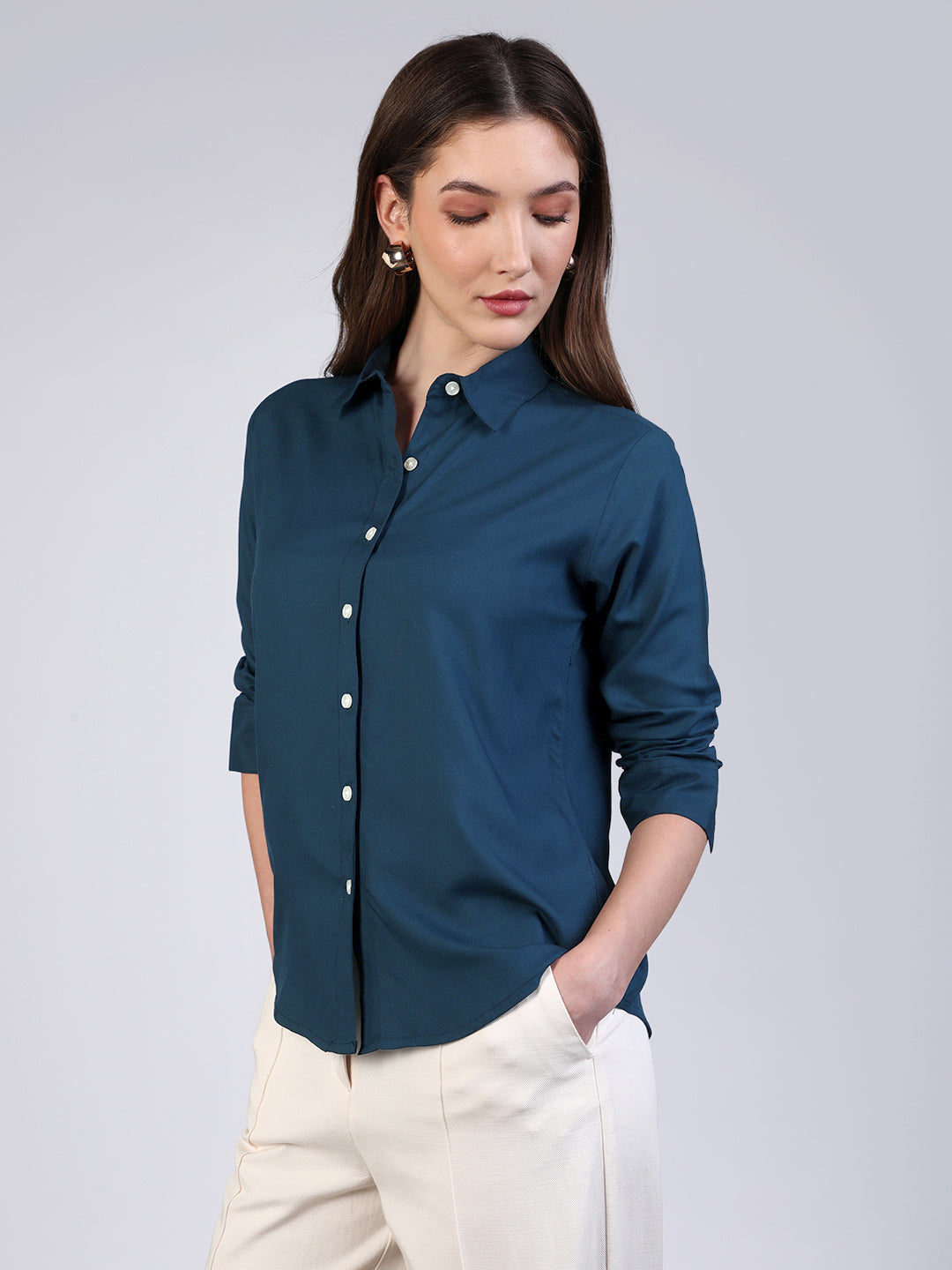Women's Midnight Blue Modal Viscose Full Sleeve Regular Fit Casual Solid Shirt with Regular Collar