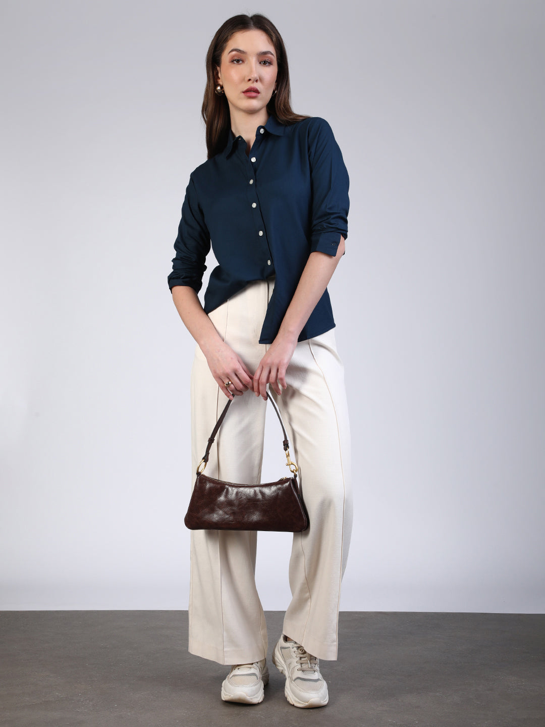 Women's Midnight Blue Modal Viscose Full Sleeve Regular Fit Casual Solid Shirt with Regular Collar