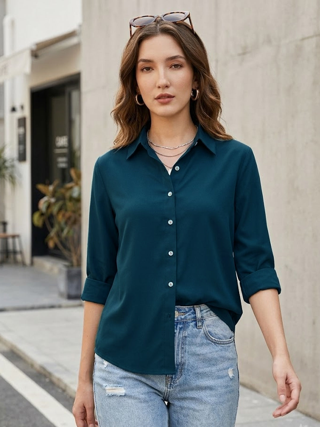 Women's Midnight Blue Modal Viscose Full Sleeve Regular Fit Casual Solid Shirt with Regular Collar