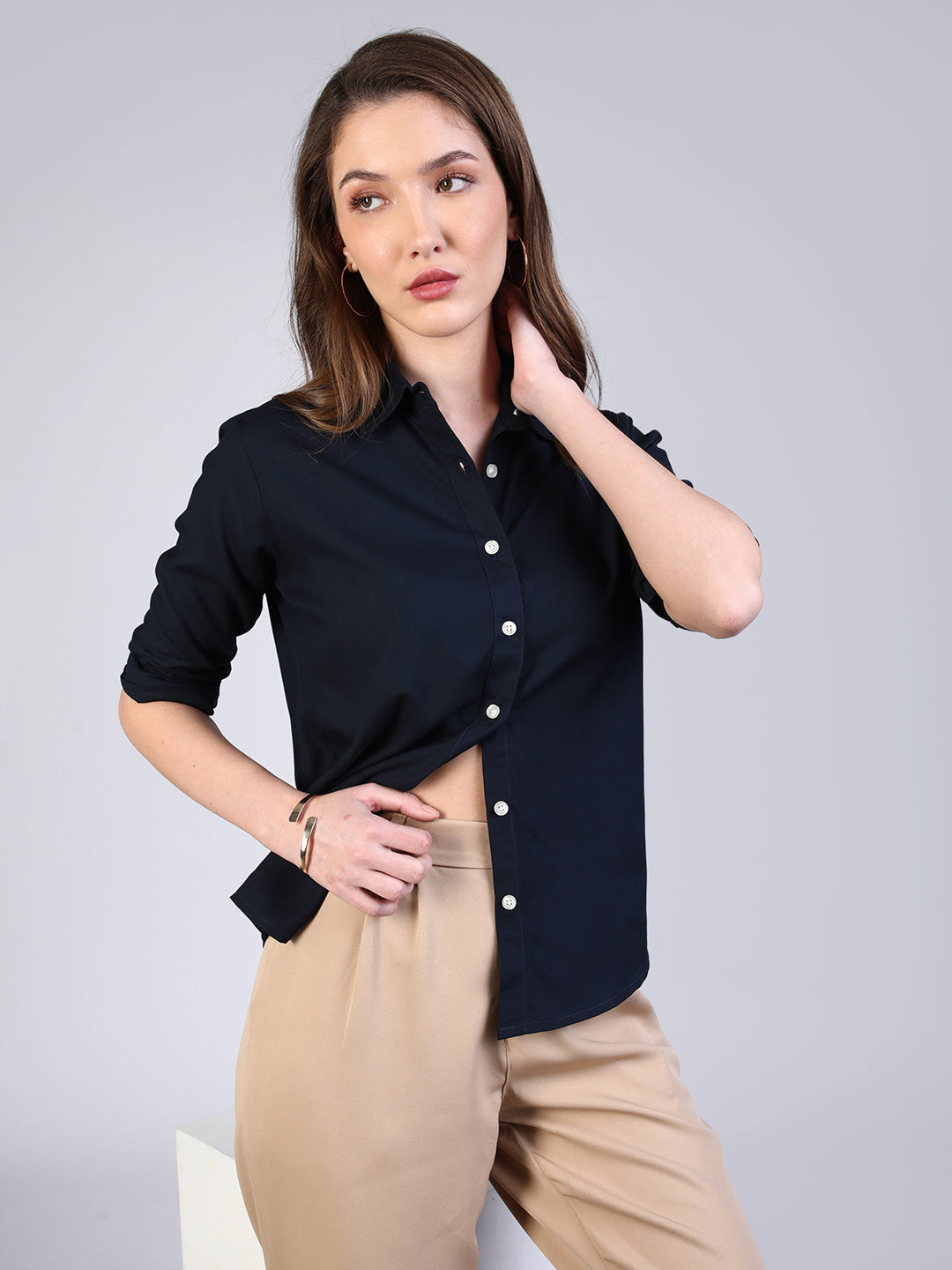 Women's Navy Modal Viscose Full Sleeve Regular Fit Casual Solid Shirt with Regular Collar