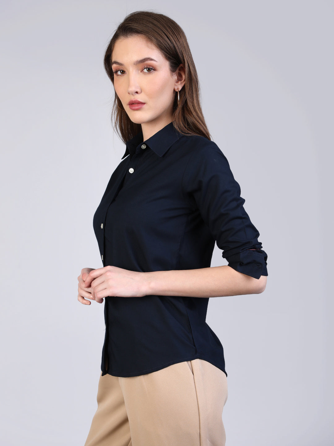 Women's Navy Modal Viscose Full Sleeve Regular Fit Casual Solid Shirt with Regular Collar