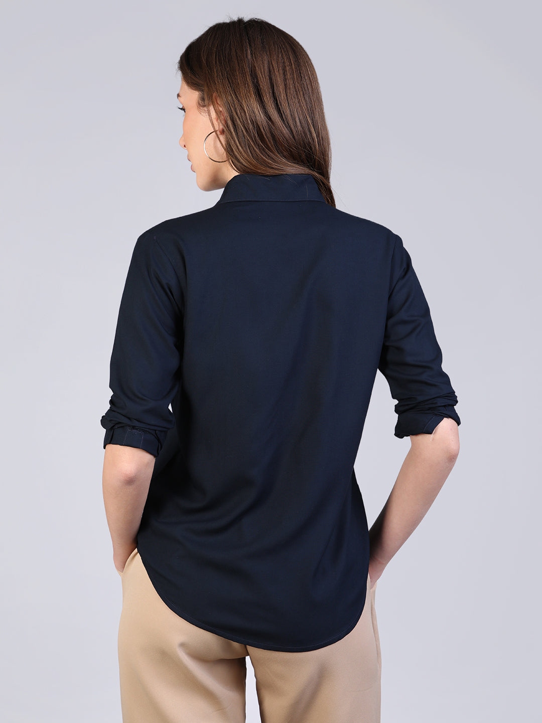 Women's Navy Modal Viscose Full Sleeve Regular Fit Casual Solid Shirt with Regular Collar