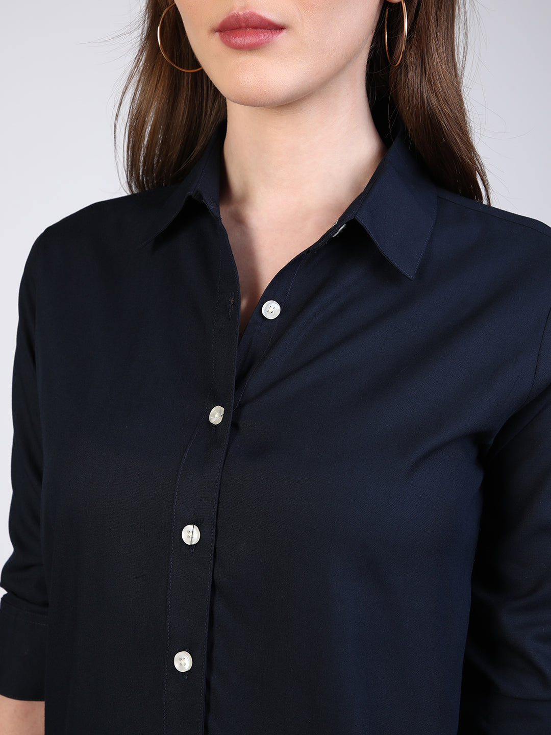 Women's Navy Modal Viscose Full Sleeve Regular Fit Casual Solid Shirt with Regular Collar