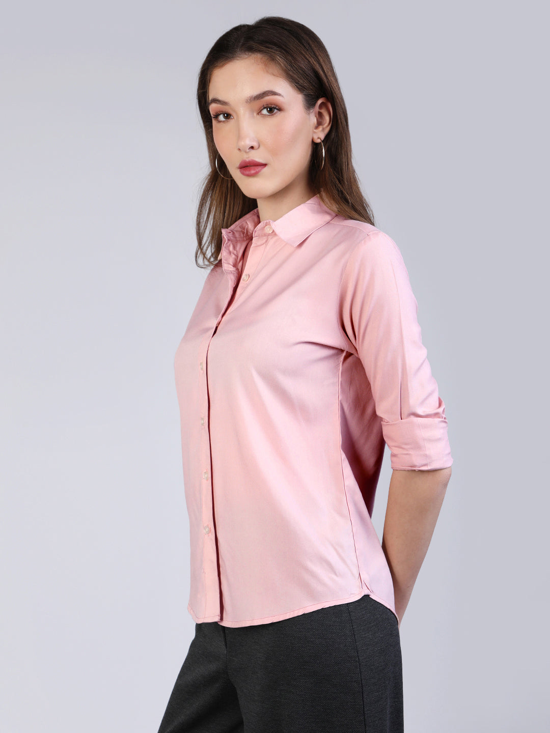 Women's Pink Modal Viscose Full Sleeve Regular Fit Casual Solid Shirt with Regular Collar