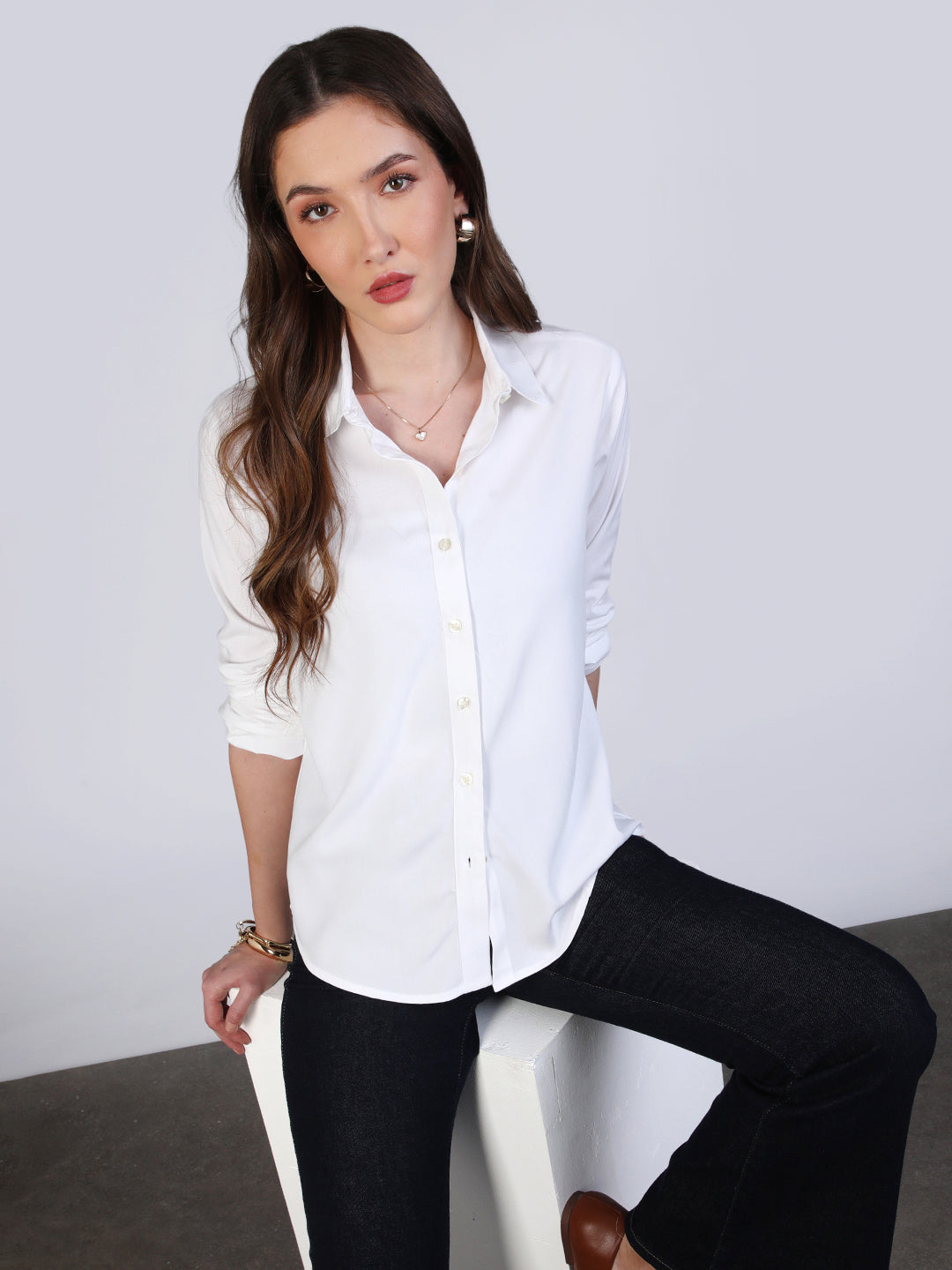 Women's White Modal Viscose Full Sleeve Regular Fit Casual Solid Shirt with Regular Collar