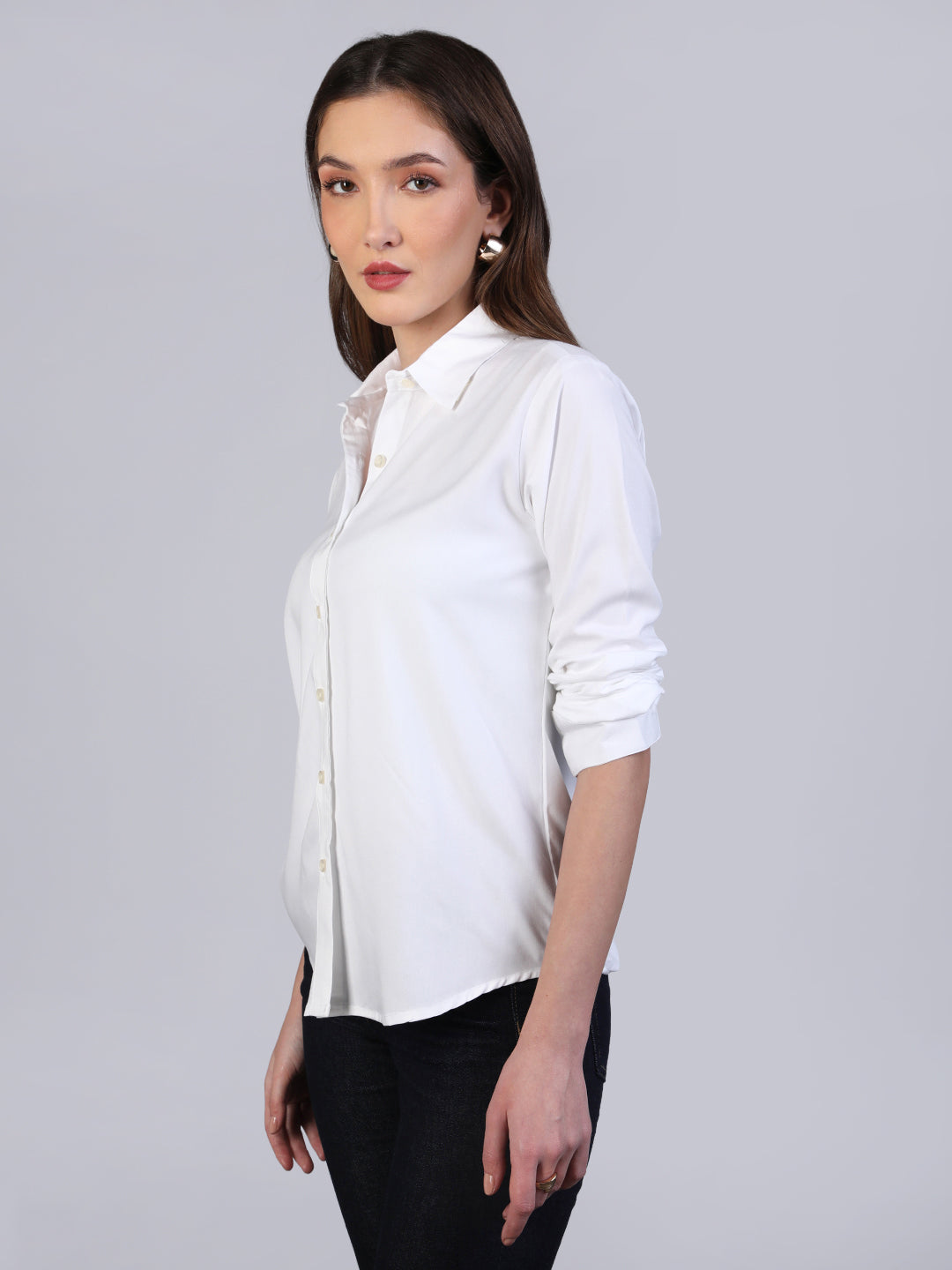 Women's White Modal Viscose Full Sleeve Regular Fit Casual Solid Shirt with Regular Collar