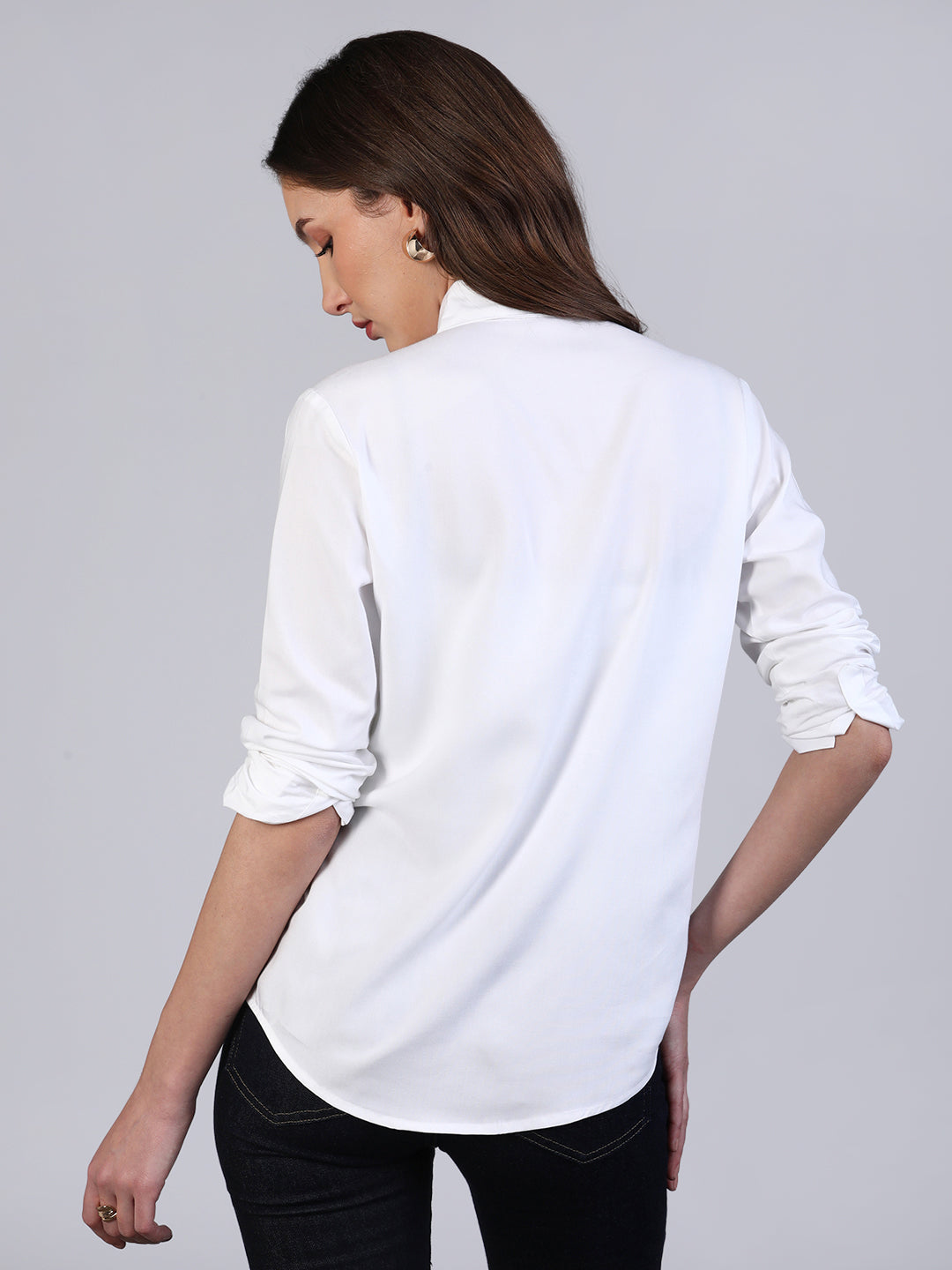 Women's White Modal Viscose Full Sleeve Regular Fit Casual Solid Shirt with Regular Collar