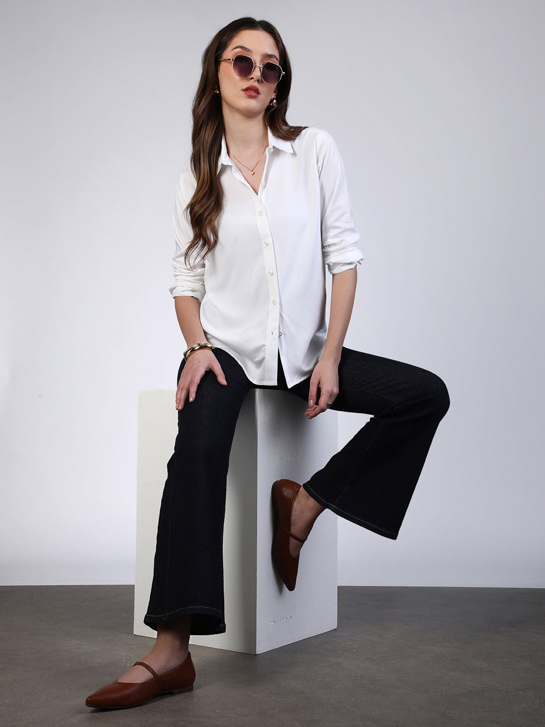 Women's White Modal Viscose Full Sleeve Regular Fit Casual Solid Shirt with Regular Collar