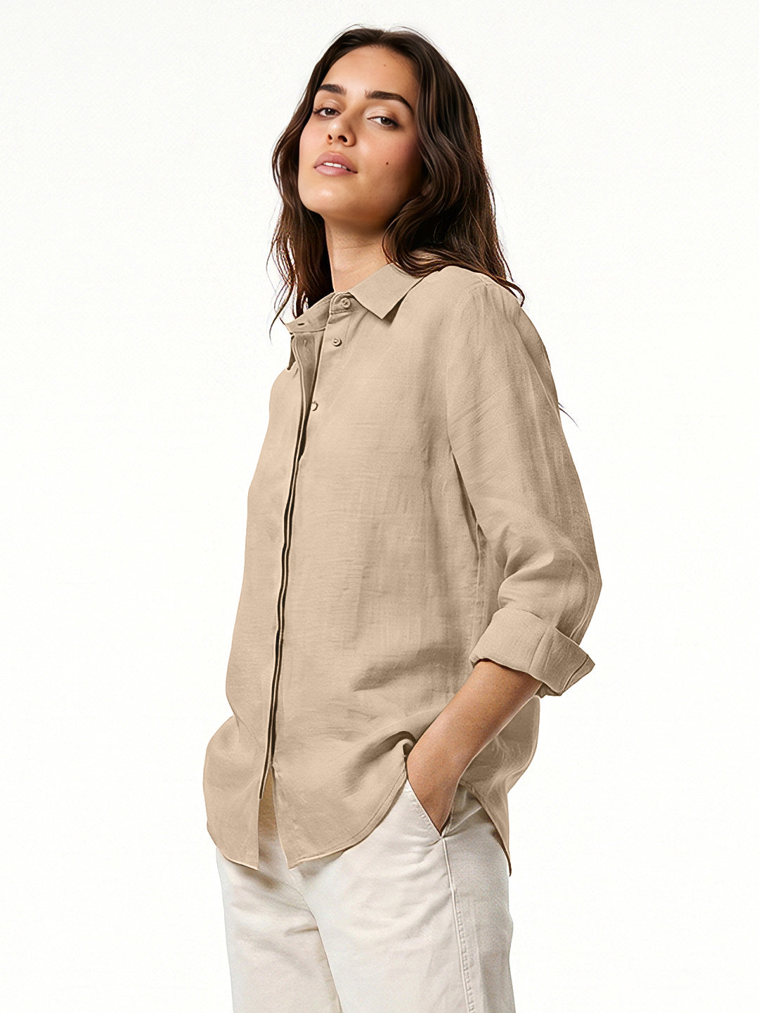 Women's Beige Lyocell Full Sleeve Relaxed Fit Concealed Placket Casual Solid Shirt with Regular Collar