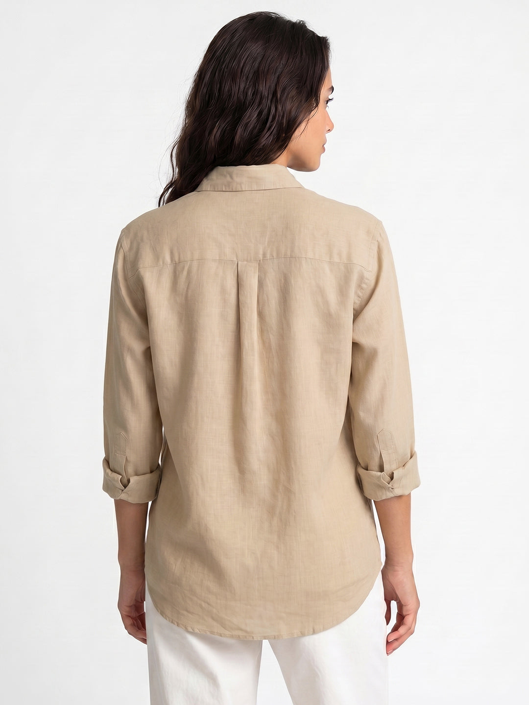 Women's Beige Lyocell Full Sleeve Relaxed Fit Concealed Placket Casual Solid Shirt with Regular Collar