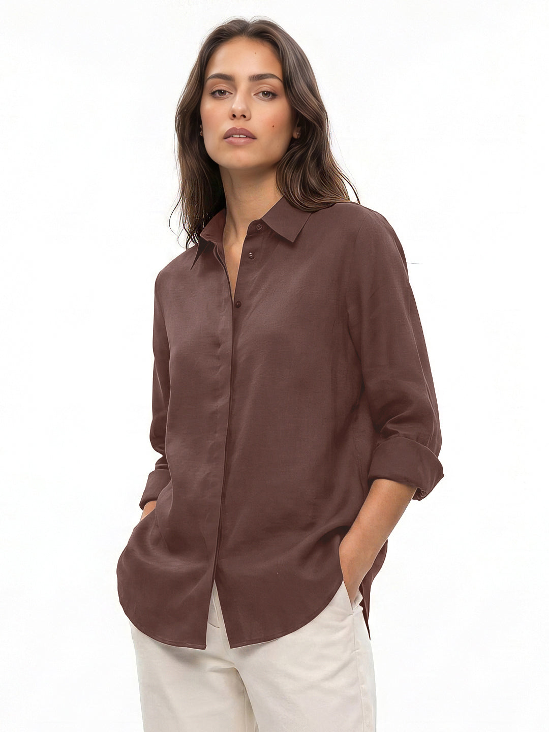 Women's Brown Lyocell Full Sleeve Relaxed Fit Concealed Placket Casual Solid Shirt with Regular Collar