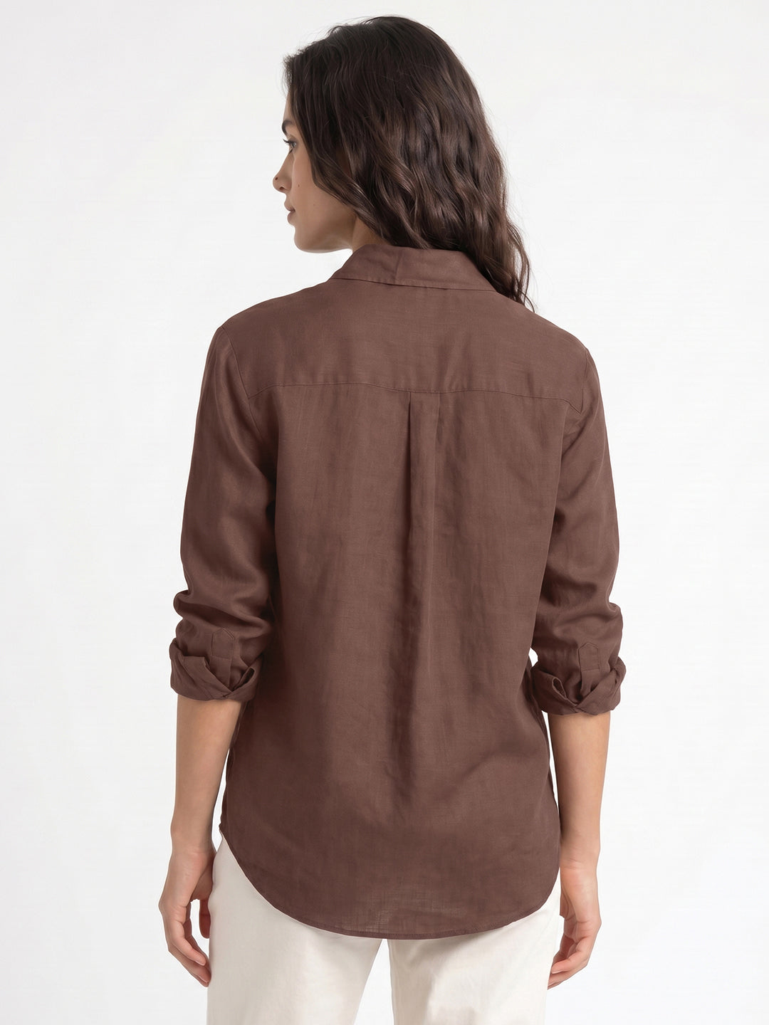 Women's Brown Lyocell Full Sleeve Relaxed Fit Concealed Placket Casual Solid Shirt with Regular Collar