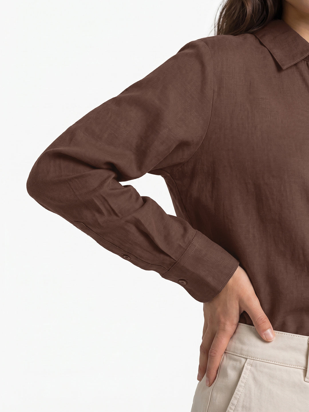 Women's Brown Lyocell Full Sleeve Relaxed Fit Concealed Placket Casual Solid Shirt with Regular Collar