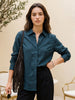 Women's Dark Blue Lyocell Full Sleeve Relaxed Fit Concealed Placket Casual Solid Shirt with Regular Collar