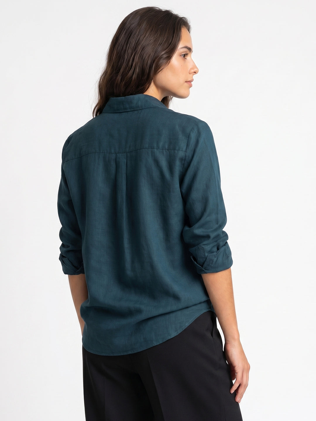 Women's Dark Blue Lyocell Full Sleeve Relaxed Fit Concealed Placket Casual Solid Shirt with Regular Collar