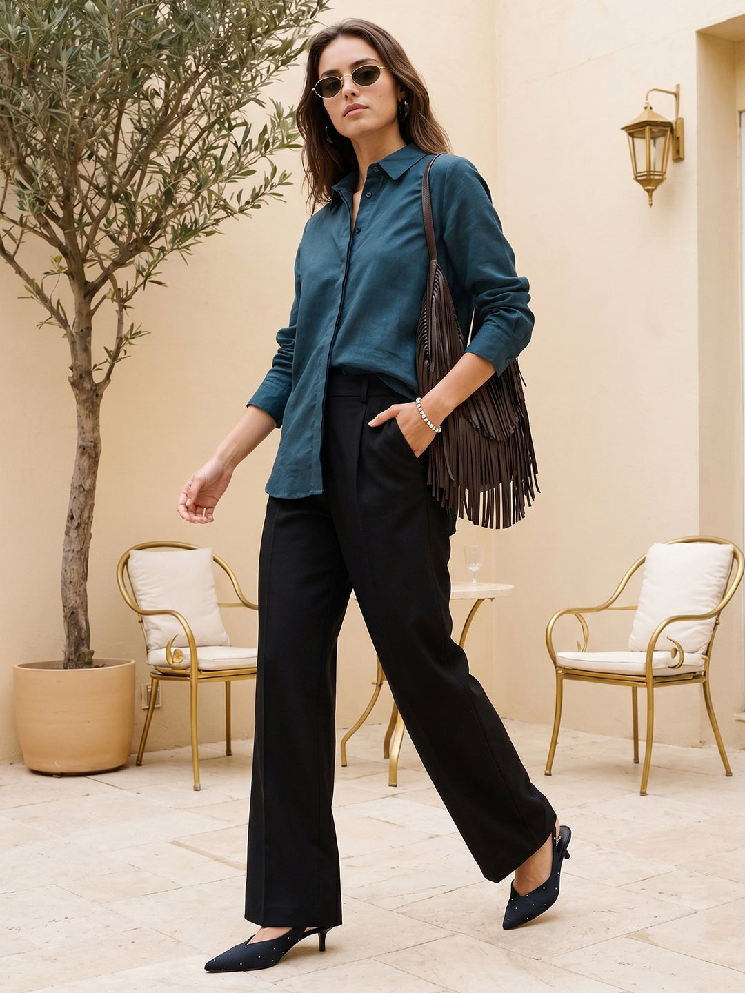 Women's Dark Blue Lyocell Full Sleeve Relaxed Fit Concealed Placket Casual Solid Shirt with Regular Collar