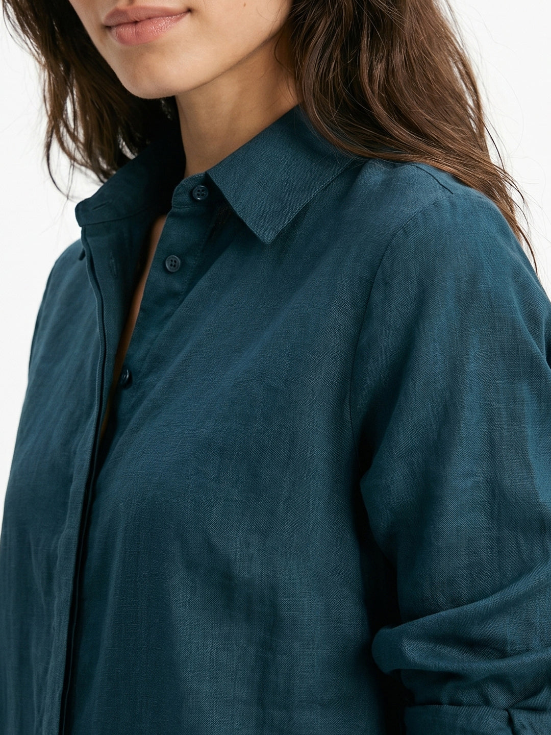 Women's Dark Blue Lyocell Full Sleeve Relaxed Fit Concealed Placket Casual Solid Shirt with Regular Collar