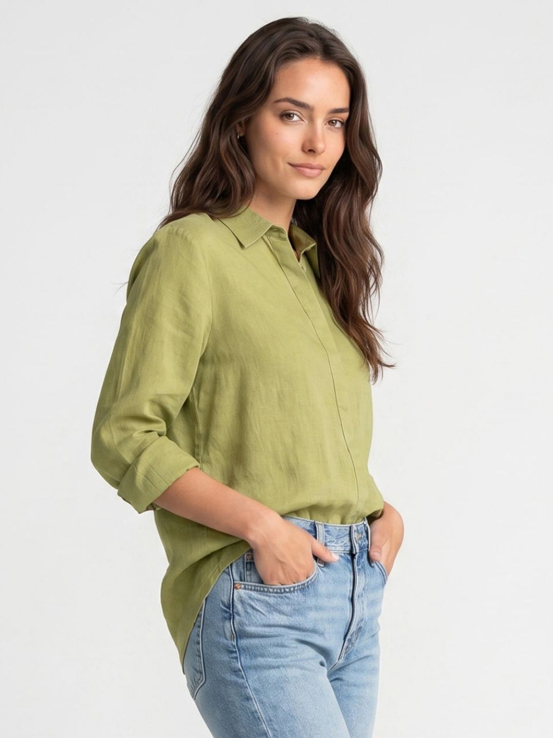 Women's Light Olive Lyocell Full Sleeve Relaxed Fit Concealed Placket Casual Solid Shirt with Regular Collar