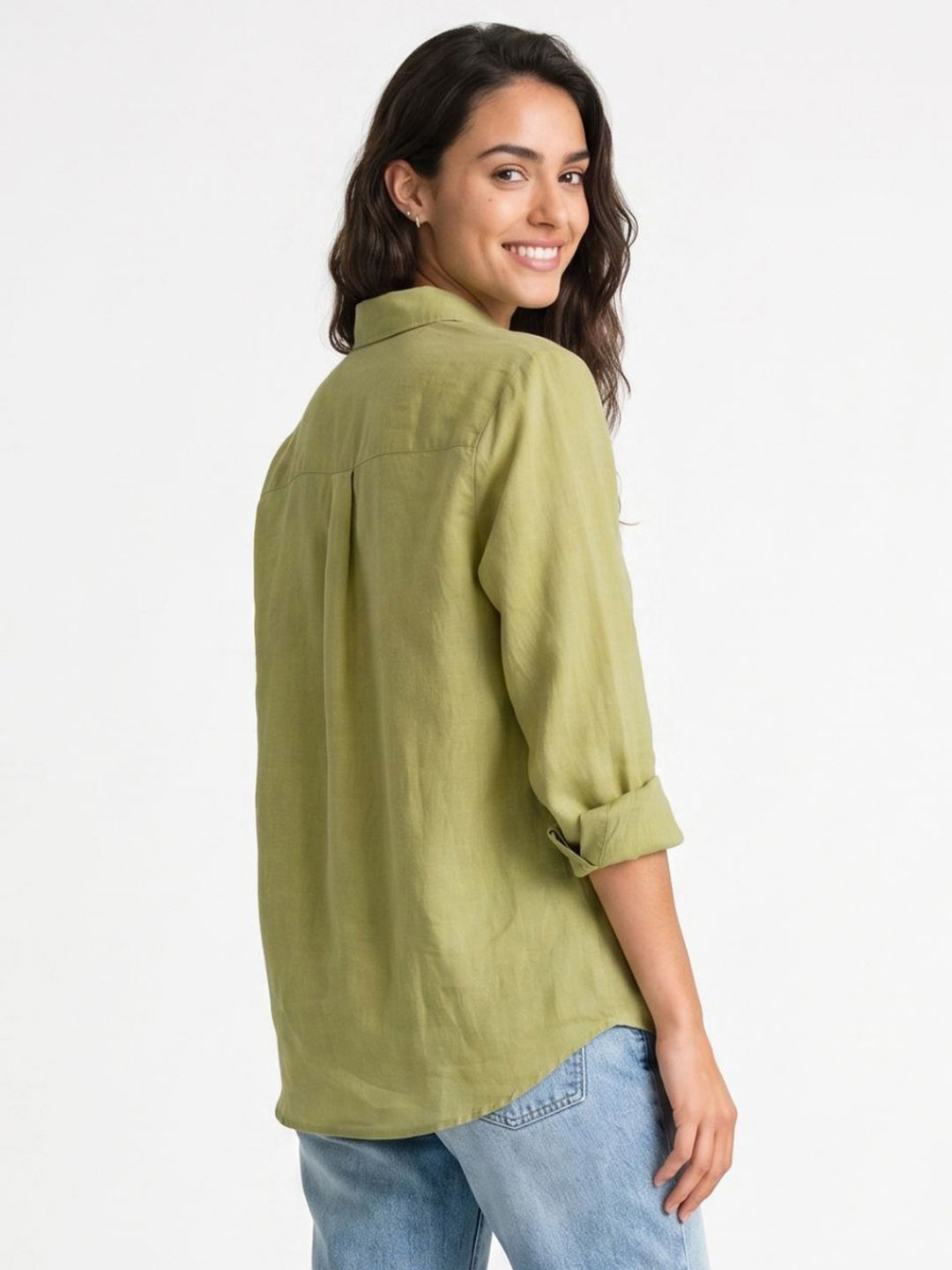 Women's Light Olive Lyocell Full Sleeve Relaxed Fit Concealed Placket Casual Solid Shirt with Regular Collar