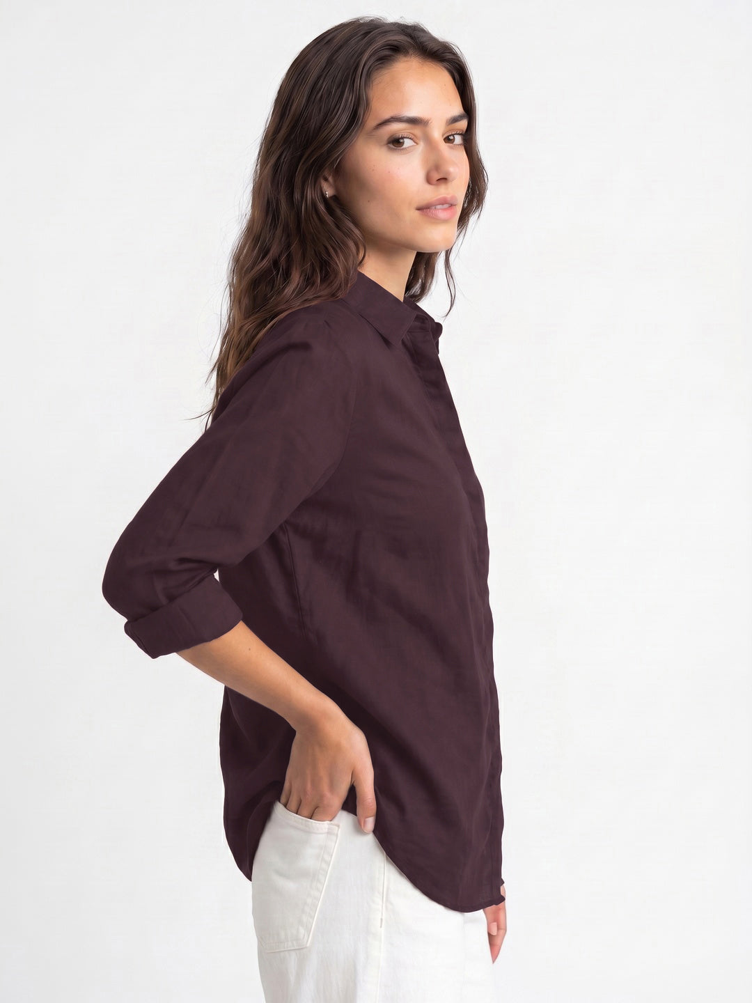 Women's Wine Lyocell Full Sleeve Relaxed Fit Concealed Placket Casual Solid Shirt with Regular Collar