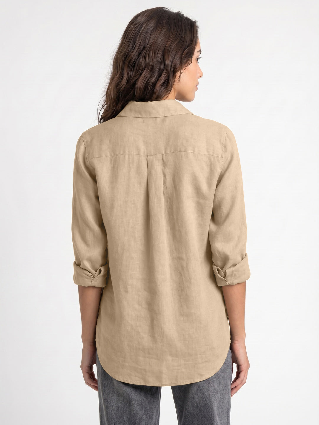 Women's Beige Lyocell Full Sleeve Relaxed Fit Casual Solid Shirt with V-Neck Collar