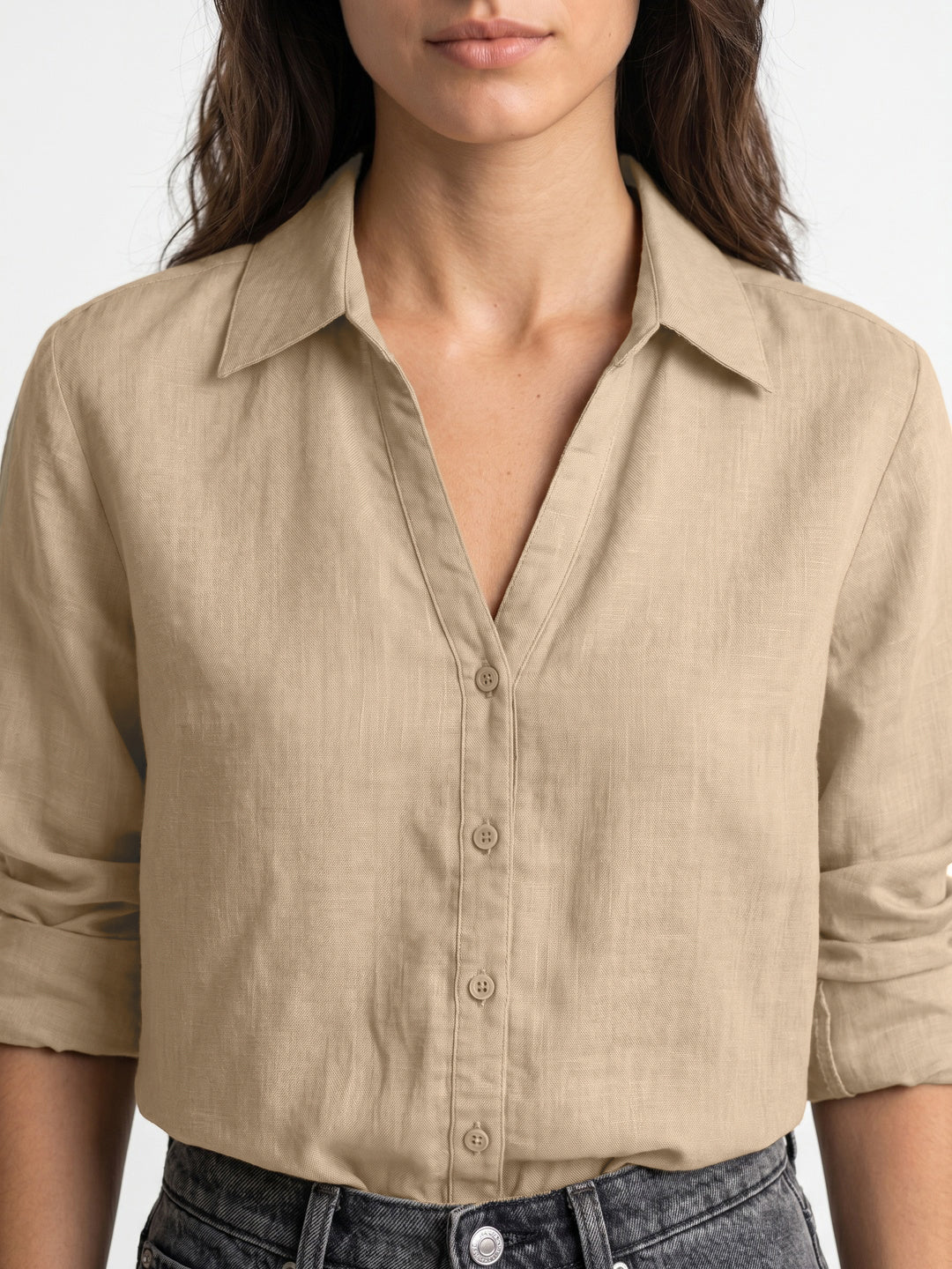 Women's Beige Lyocell Full Sleeve Relaxed Fit Casual Solid Shirt with V-Neck Collar