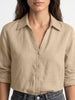 Women's Beige Lyocell Full Sleeve Relaxed Fit Casual Solid Shirt with V-Neck Collar