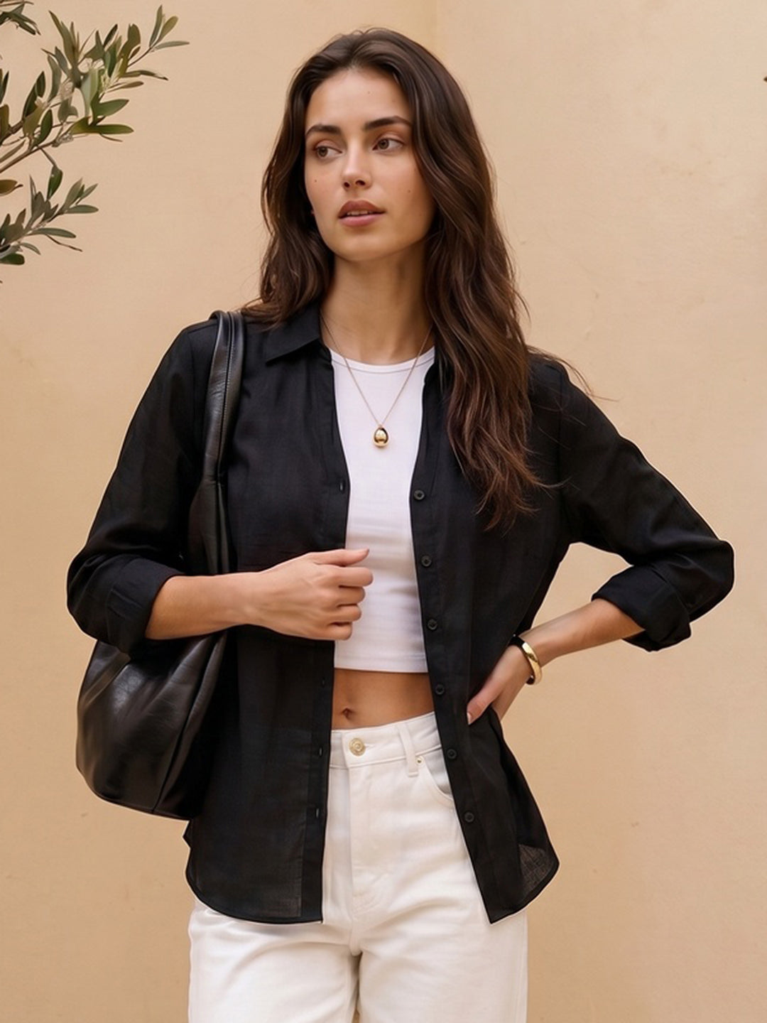 Women's Black Lyocell Full Sleeve Relaxed Fit Casual Solid Shirt with V-Neck Collar