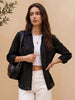 Women's Black Lyocell Full Sleeve Relaxed Fit Casual Solid Shirt with V-Neck Collar