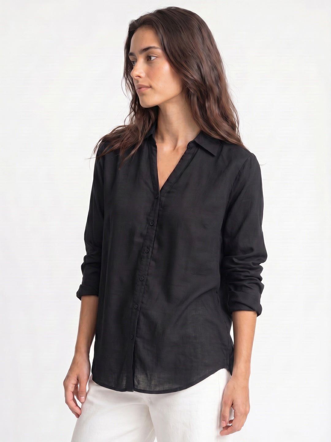 Women's Black Lyocell Full Sleeve Relaxed Fit Casual Solid Shirt with V-Neck Collar