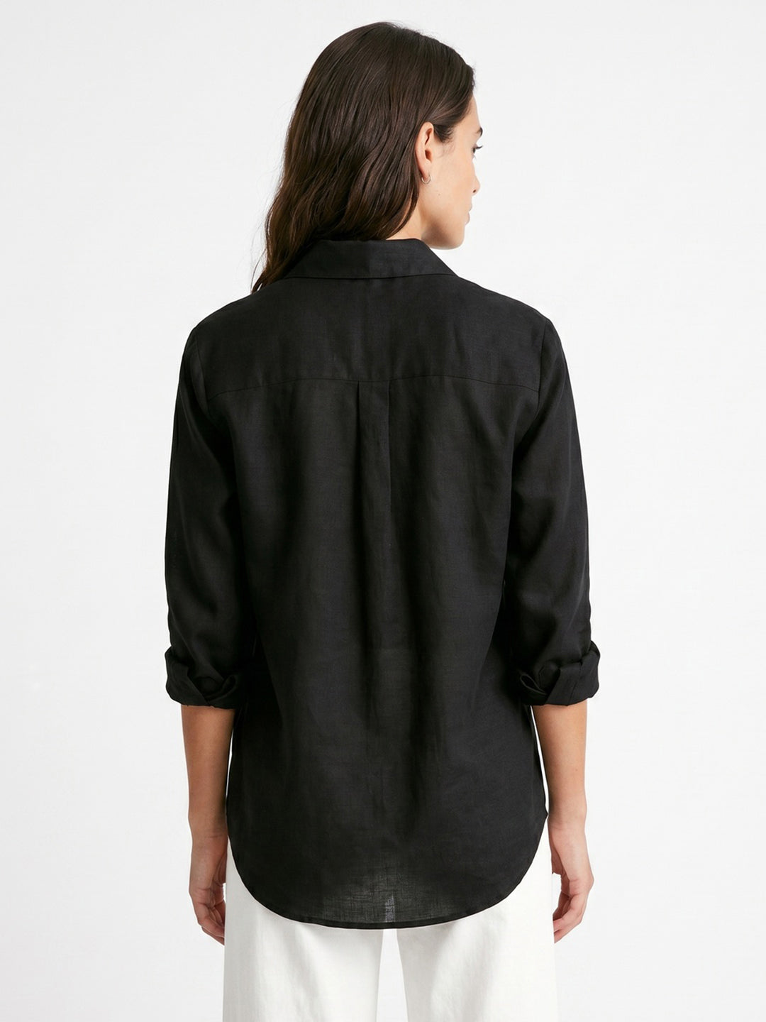 Women's Black Lyocell Full Sleeve Relaxed Fit Casual Solid Shirt with V-Neck Collar