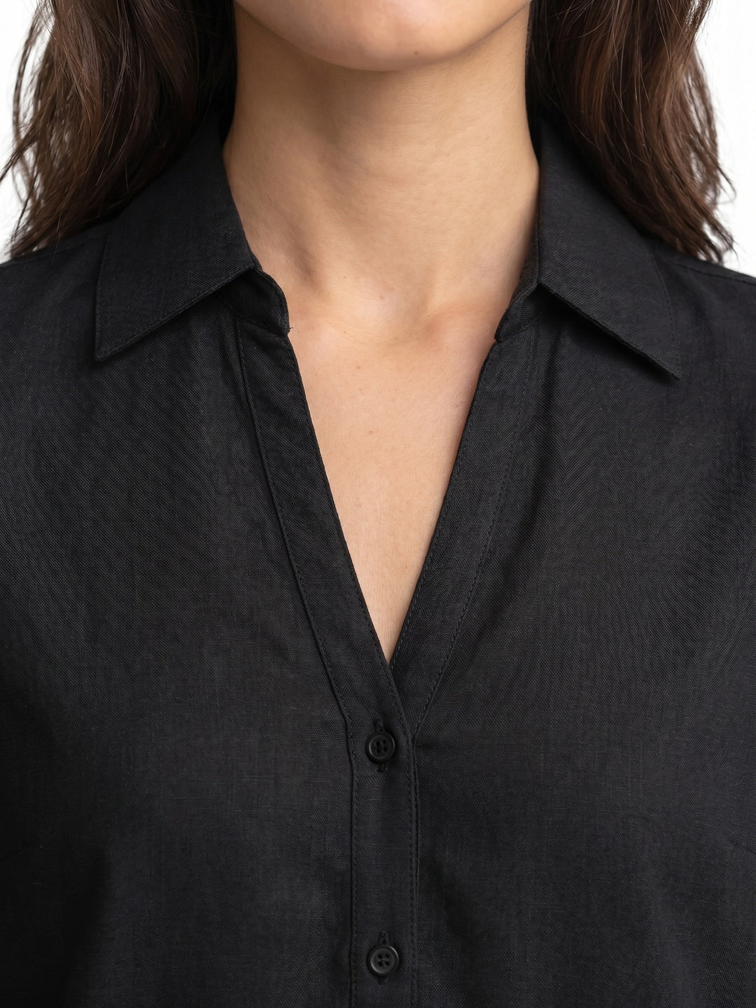 Women's Black Lyocell Full Sleeve Relaxed Fit Casual Solid Shirt with V-Neck Collar