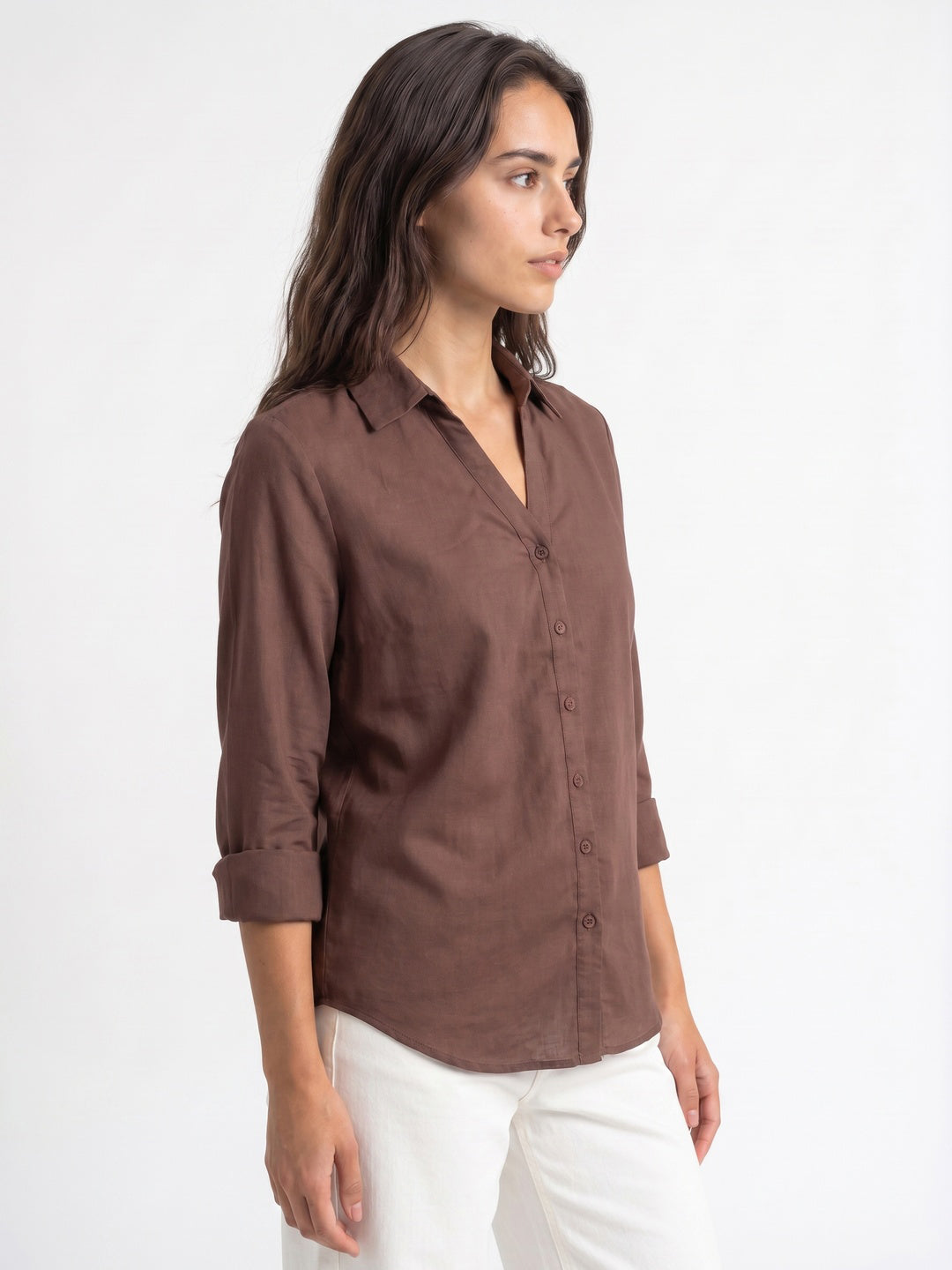 Women's Brown Lyocell Full Sleeve Relaxed Fit Casual Solid Shirt with V-Neck Collar