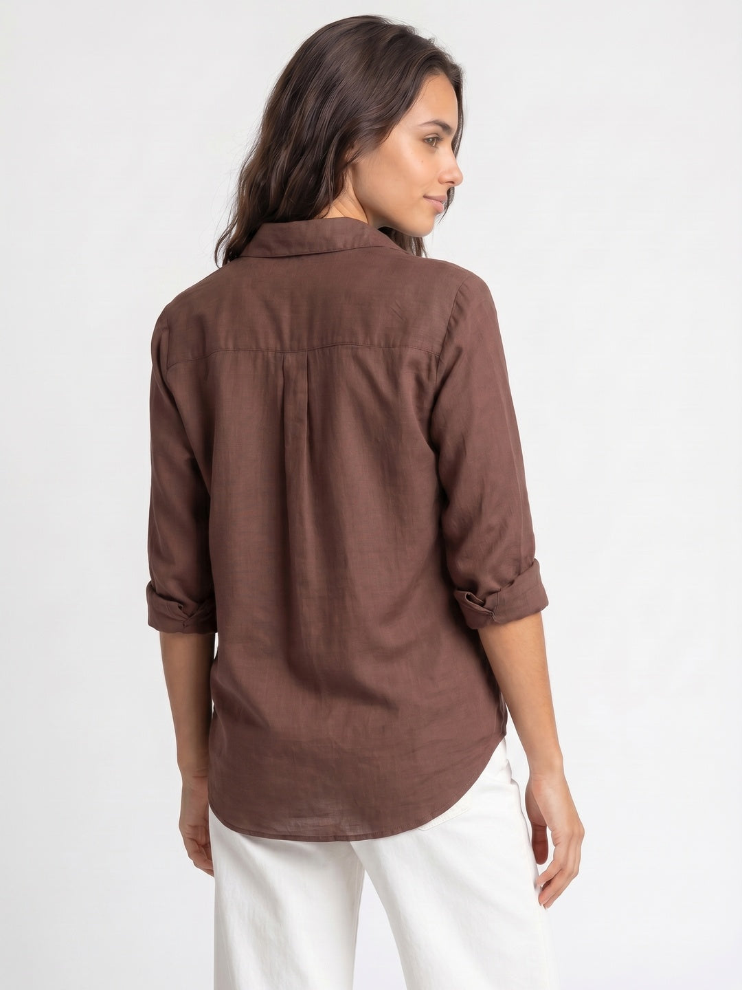 Women's Brown Lyocell Full Sleeve Relaxed Fit Casual Solid Shirt with V-Neck Collar