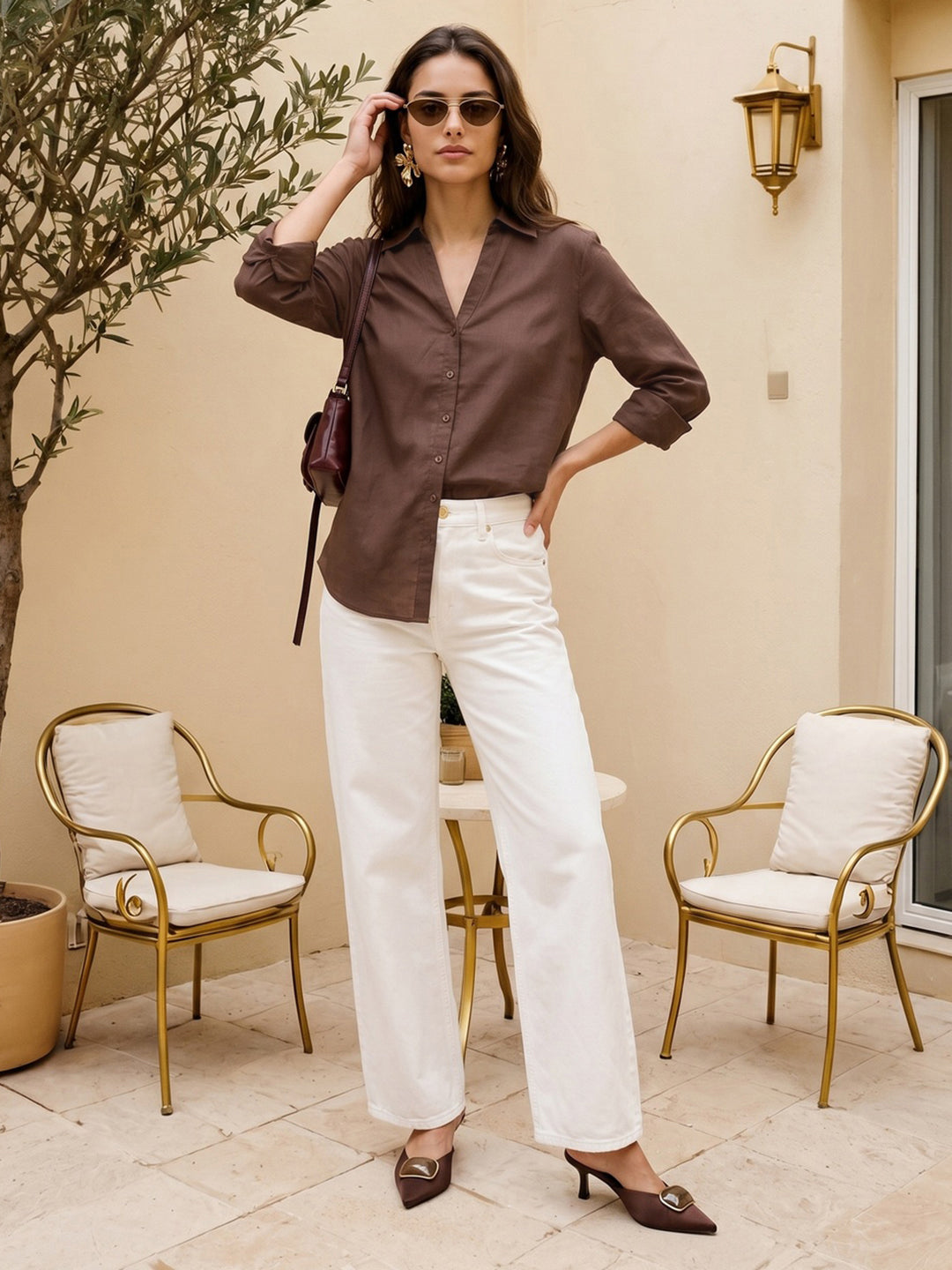 Women's Brown Lyocell Full Sleeve Relaxed Fit Casual Solid Shirt with V-Neck Collar