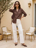 Women's Brown Lyocell Full Sleeve Relaxed Fit Casual Solid Shirt with V-Neck Collar
