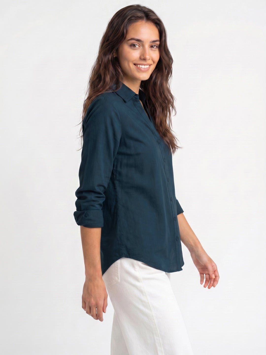 Women's Dark Blue Lyocell Full Sleeve Relaxed Fit Casual Solid Shirt with V-Neck Collar