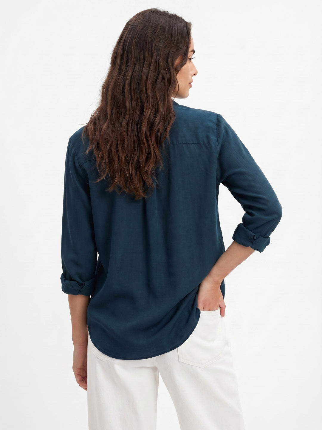 Women's Dark Blue Lyocell Full Sleeve Relaxed Fit Casual Solid Shirt with V-Neck Collar