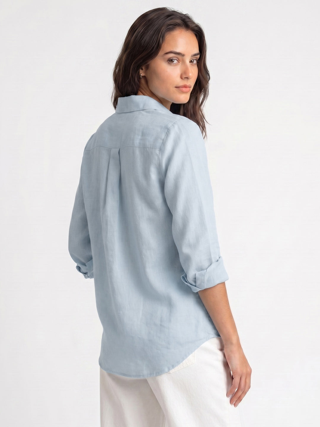 Women's Light Blue Lyocell Full Sleeve Relaxed Fit Casual Solid Shirt with V-Neck Collar