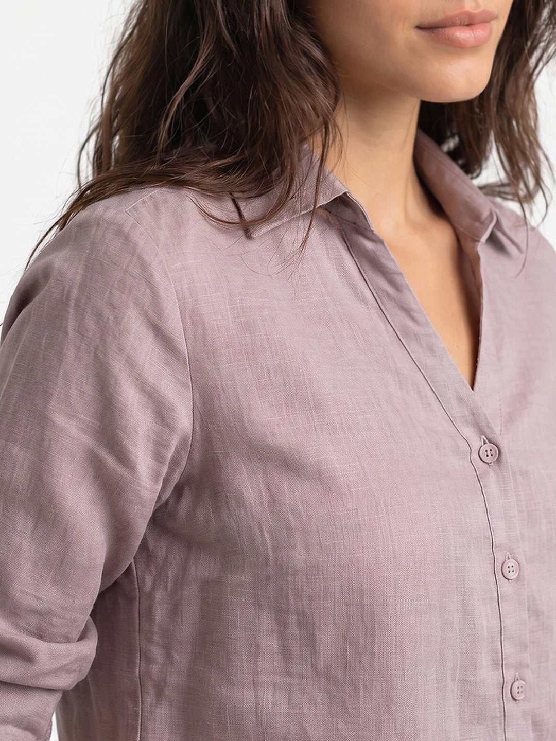 Women's Lilac Lyocell Full Sleeve Relaxed Fit Casual Solid Shirt with V-Neck Collar