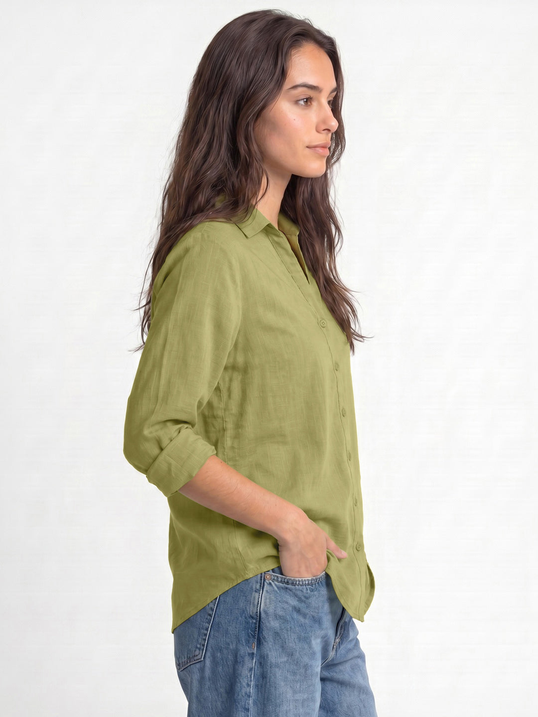 Women's Light Olive Lyocell Full Sleeve Relaxed Fit Casual Solid Shirt with V-Neck Collar